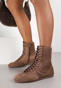 Born2be - Brązowe Sznurowane Sneakersy w Stylu Bokserskim Havanne. Okazja: na co dzień. Kolor: brązowy. Materiał: jeans #5