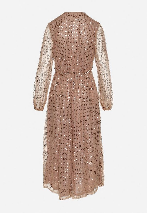 Born2be - Złota Sukienka Siateczkowa o Kopertowym Kroju Zdobiona Cekinami Boniga. Typ kołnierza: dekolt w kształcie V. Kolor: złoty. Wzór: aplikacja. Typ sukienki: kopertowe. Styl: klasyczny, wizytowy