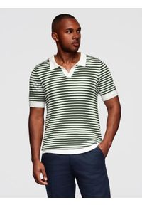 Ombre Clothing - Dzianinowa męska koszulka polo bez guzików w marynarskie paski – biało-oliwkowa V3 - Rozmiar: XXL. Typ kołnierza: polo. Kolor: oliwkowy. Materiał: dzianina. Długość: krótkie. Wzór: paski. Sezon: lato. Styl: retro, elegancki #2
