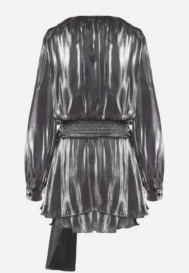 Born2be - Szara Wiskozowa Sukienka Ozdobiona Wiązaniem i Falbanką Rallio. Okazja: na imprezę, na co dzień. Typ kołnierza: kołnierz z falbankami. Kolor: szary. Materiał: wiskoza. Wzór: aplikacja. Typ sukienki: proste. Styl: casual, elegancki