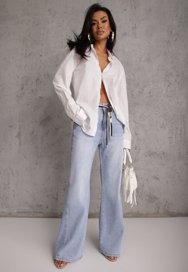 Renee - Niebieskie Szerokie Jeansy z Bawełny High Waist z Paskiem w Stylu Sznurówki Vetinia. Stan: podwyższony. Kolor: niebieski