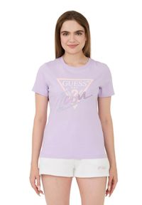 Guess - GUESS Lawendowy damski t-shirt bawełniany Icon Tee, Rozmiar S. Kolor: fioletowy. Materiał: bawełna #4