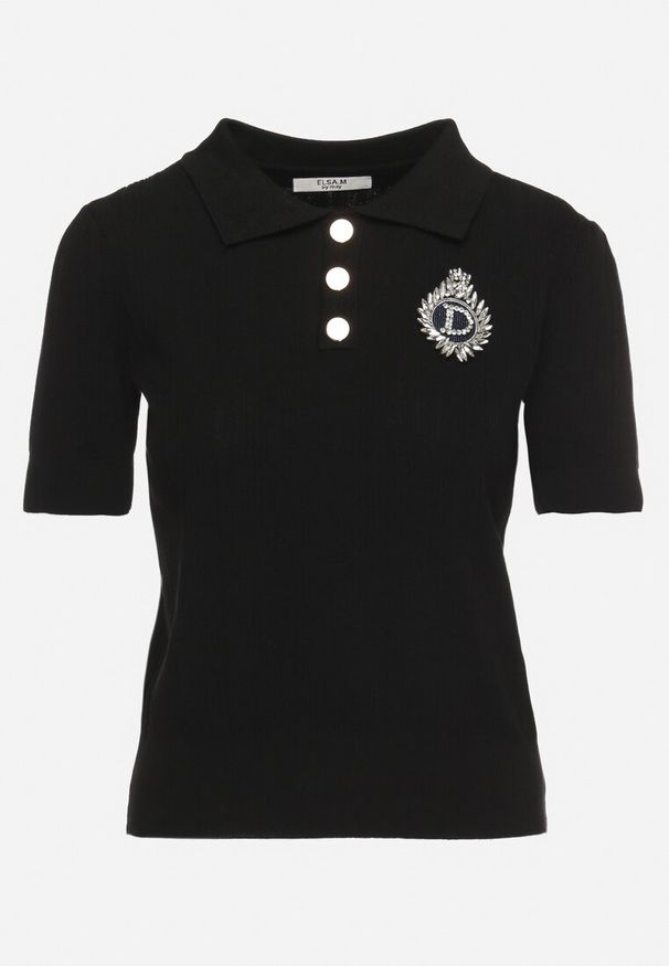 Born2be - Czarna Wiskozowa Bluzka Polo w Prążki z Guzikami Naszywką i Cyrkoniami Nattia. Typ kołnierza: polo. Kolor: czarny. Materiał: wiskoza. Wzór: aplikacja, prążki