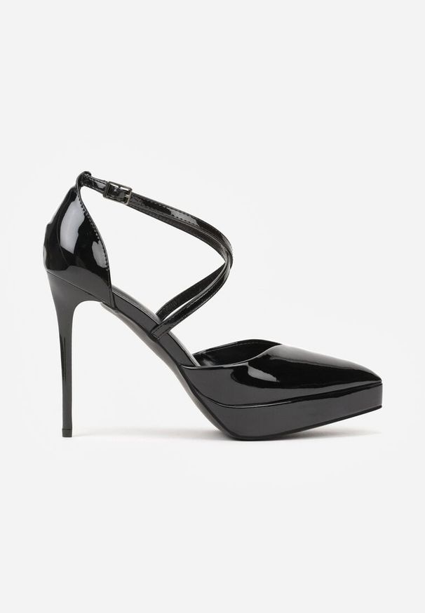 Renee - Czarne Szpilki z Platformą i Przeplatanymi Paskami Ferinela. Zapięcie: pasek. Kolor: czarny. Materiał: jeans. Obcas: na platformie. Styl: elegancki. Wysokość obcasa: średni