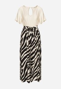 Born2be - Czarno-Biały Taliowany Kombinezon z Szerokimi Nogawkami i Paskiem w Talii Nellma. Okazja: na co dzień. Kolor: czarny. Materiał: wiskoza. Długość rękawa: krótki rękaw. Długość: krótkie. Styl: casual, elegancki #4