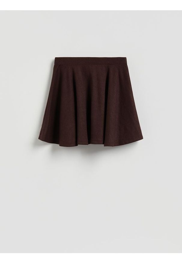 Reserved - Spódnica mini z falbanką - ciemnobrązowy. Kolor: brązowy. Materiał: dzianina, wiskoza