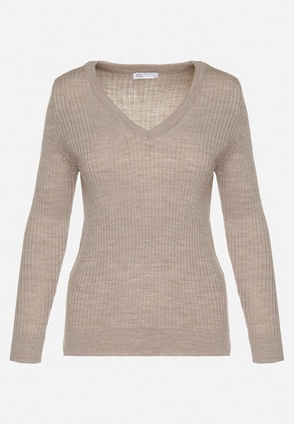 Born2be - Ciemnobeżowy Sweter z Trójkątnym Dekoltem z Prążkowanej Dzianiny Derige. Okazja: na co dzień. Kolor: beżowy. Materiał: dzianina, prążkowany. Styl: casual