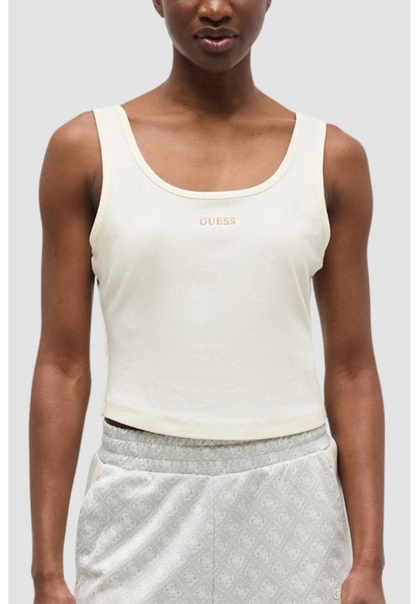 Guess - GUESS Kremowy damski tank top Circe, Rozmiar M. Okazja: na co dzień. Kolor: beżowy. Materiał: materiał, prążkowany. Styl: casual