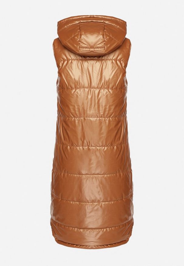 Born2be - Brązowa Długa Kamizelka z Kapturem Ozdobiona Imitacją Kieszeni Mavaria. Typ kołnierza: kaptur. Kolor: brązowy. Materiał: jeans. Długość: długie. Wzór: aplikacja. Sezon: wiosna, jesień. Styl: elegancki, sportowy, klasyczny