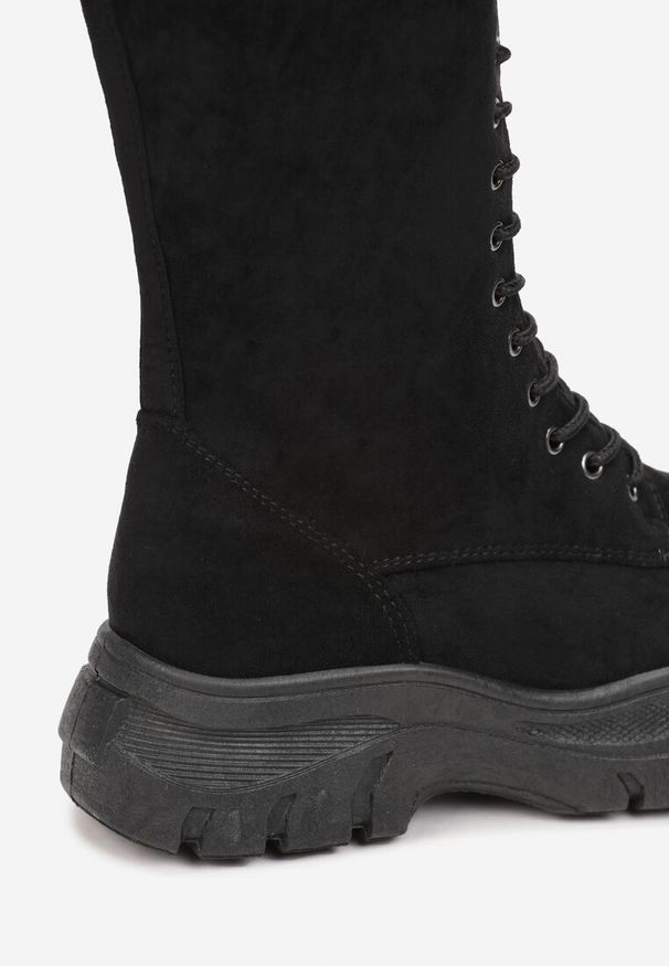 Born2be - Czarne Botki Workery na Grubej Podeszwie Phinalus. Okazja: na co dzień. Zapięcie: sznurówki. Kolor: czarny. Materiał: jeans, skóra. Sezon: zima, jesień. Obcas: na obcasie. Styl: casual, elegancki. Wysokość obcasa: średni