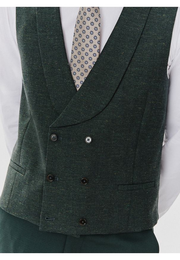 Pako Lorente - PAKO LORENTE – Dwurzędowa kamizelka męska w kolorze zielonym. Kolor: zielony. Materiał: elastan, poliamid, len, bawełna, wełna