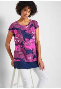 bonprix - Długi shirt z szyfonem. Kolor: różowy. Materiał: szyfon. Długość: długie. Wzór: nadruk. Sezon: lato