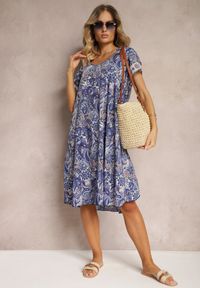Renee - Granatowa Sukienka Boho z Wiskozy z Cienkim Paskiem w Talii Rivasea. Kolor: niebieski. Materiał: wiskoza. Długość rękawa: krótki rękaw. Wzór: paisley. Typ sukienki: rozkloszowane. Styl: boho #4