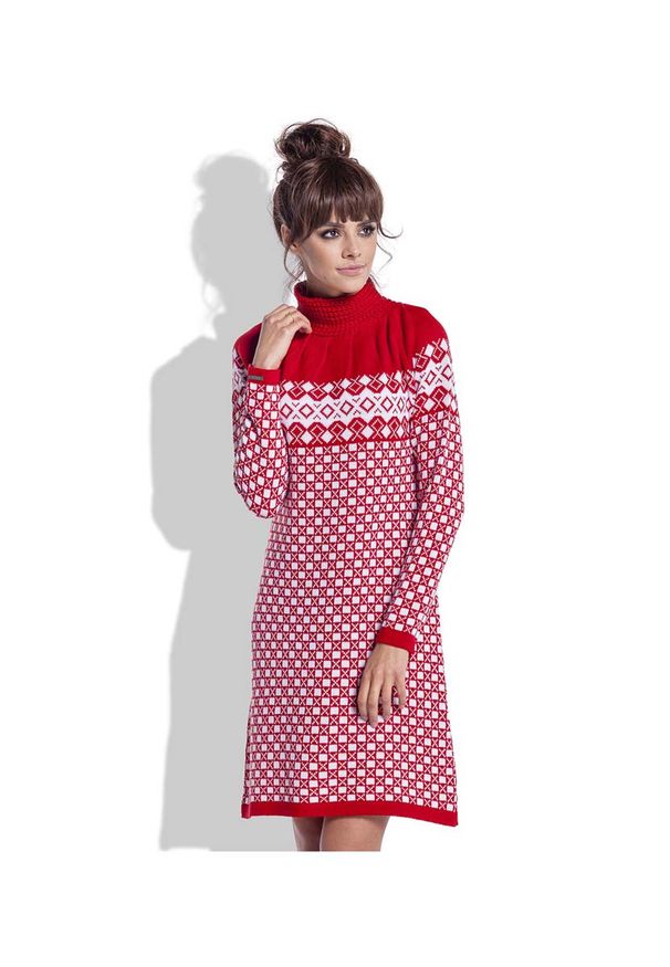 Fobya - Czerwono Biała Sukienka Żakardowa w Skandynawskie Wzory. Kolor: biały, wielokolorowy, czerwony. Materiał: żakard