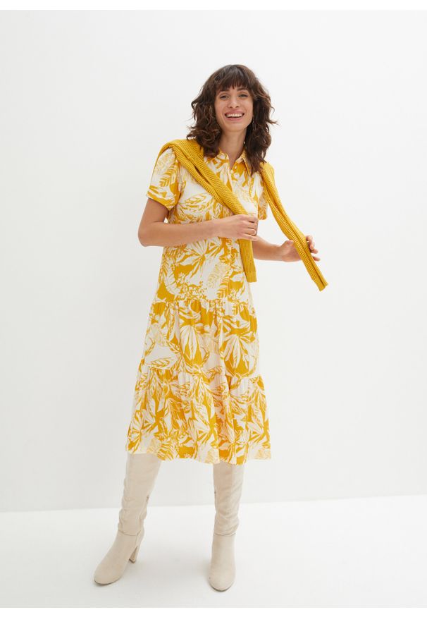bonprix - Sukienka shirtowa polo. Typ kołnierza: polo. Kolor: żółty. Styl: elegancki