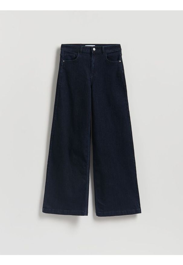 Reserved - Jeansy wide leg z domieszką wełny - granatowy. Kolor: niebieski