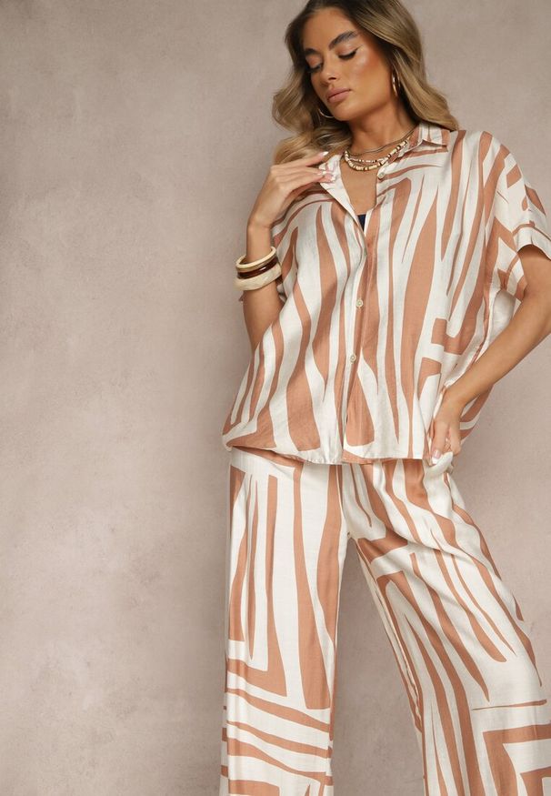 Renee - Beżowy Komplet o Kroju Oversize z Lnem Koszula i Szerokie Spodnie Miravinia. Kolor: beżowy. Materiał: len