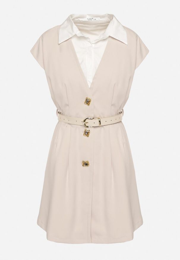 Born2be - Jasnobeżowa Wiskozowa Sukienka Rozkloszowana z Koszulowym Kołnierzykiem i Paskiem Aluella. Okazja: na co dzień, na spotkanie biznesowe. Typ kołnierza: kołnierzyk koszulowy. Kolor: beżowy. Materiał: wiskoza. Długość rękawa: krótki rękaw. Typ sukienki: koszulowe. Styl: casual, biznesowy, elegancki