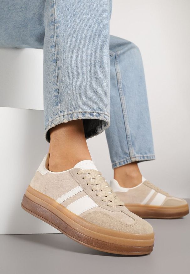 Renee - Ciemnobeżowe Sneakersy na Płaskiej Podeszwie z Ozdobnymi Paskami Velali. Nosek buta: okrągły. Zapięcie: pasek. Kolor: beżowy. Obcas: na płaskiej podeszwie. Wysokość obcasa: niski