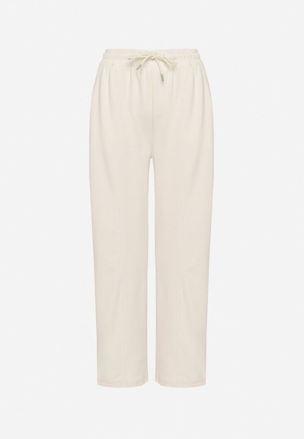 Born2be - Jasnobeżowe Szerokie Spodnie z Wysokim Stanem i Wiązaniem Deannie. Okazja: na co dzień, na spotkanie biznesowe. Stan: podwyższony. Kolor: beżowy. Materiał: guma. Styl: klasyczny, casual, elegancki, biznesowy