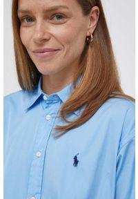 Polo Ralph Lauren sukienka bawełniana kolor niebieski mini rozkloszowana. Typ kołnierza: polo. Kolor: niebieski. Materiał: bawełna. Wzór: aplikacja. Typ sukienki: rozkloszowane. Długość: mini #4