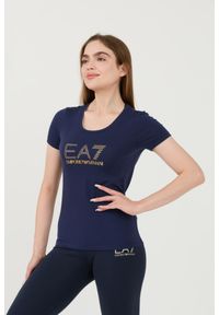 EA7 Emporio Armani - EA7 Granatowy t-shirt z cyrkoniami. Kolor: niebieski