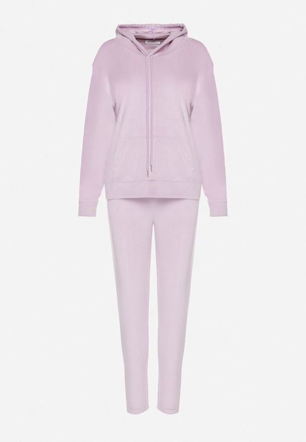 Born2be - Jasnofioletowy Komplet Dresowy z Weluru Bluza z Kapturem i Spodnie z Gumką w Pasie Avinlia. Kolor: fioletowy. Materiał: welur, dresówka