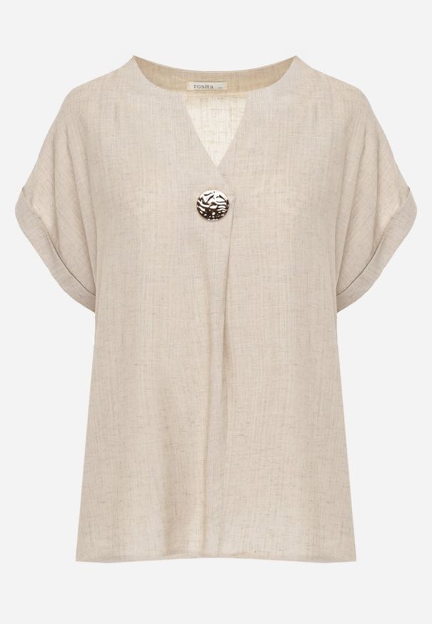 Renee - Beżowa Bluzka z Lnem i Wiskozą o Nietoperzowym Kroju z Krótkim Rękawem Herira. Okazja: na co dzień. Typ kołnierza: dekolt w serek. Kolor: beżowy. Długość: krótkie. Wzór: aplikacja. Materiał: wiskoza, len. Długość rękawa: krótki rękaw. Sezon: lato. Styl: elegancki, casual