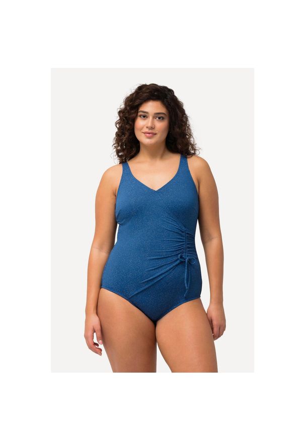 ULLA POPKEN - Damski Strój kąpielowy w kopertowym stylu brokat miękkie miseczki. Kolekcja: plus size. Kolor: niebieski. Materiał: włókno, elastan, poliamid, materiał
