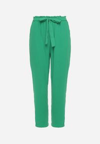Born2be - Zielone Spodnie z Elastyczną Gumką w Talii i Wysokim Stanem Ozdobione Wiązaniem w Pasie Dimity. Okazja: na co dzień. Stan: podwyższony. Kolor: zielony. Wzór: aplikacja. Styl: casual, elegancki #3
