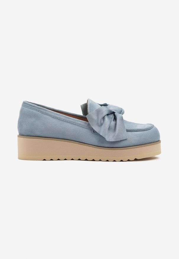 Renee - Niebieskie Mokasyny z Ekozamszu na Niskiej Platformie z Ozdobną Kokardą Nusalena. Okazja: na co dzień. Kolor: niebieski. Materiał: jeans. Obcas: na platformie. Styl: elegancki, casual
