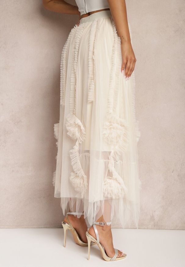 Renee - Jasnobeżowa Spódnica High Waist z Gumką w Talii o Siateczkowym Wykończeniu Vikkissa. Stan: podwyższony. Kolor: beżowy. Styl: elegancki