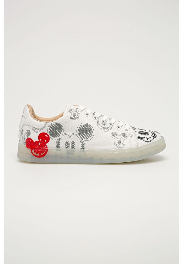 MOA Concept - Buty skórzane x Disney. Nosek buta: okrągły. Zapięcie: sznurówki. Kolor: biały. Materiał: skóra. Szerokość cholewki: normalna. Wzór: motyw z bajki. Obcas: na obcasie. Wysokość obcasa: niski
