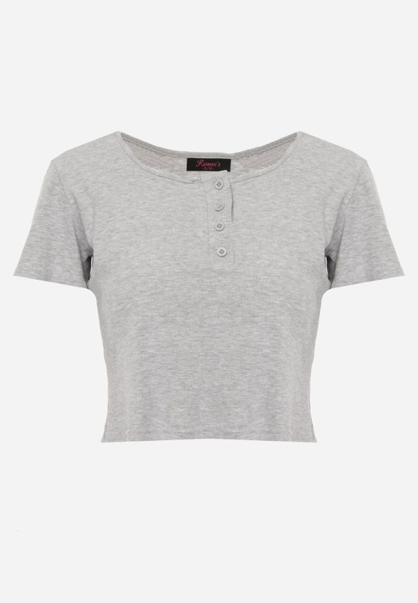 Born2be - Szary Prążkowany Top Bawełniany z Guzikami przy Dekolcie Nedera. Okazja: na co dzień. Kolor: szary. Materiał: bawełna, prążkowany. Styl: casual, klasyczny