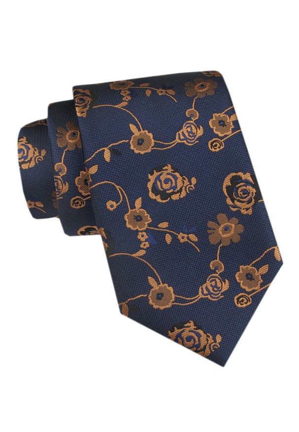 Męski Krawat - Angelo di Monti - Niebieski w Złote Róże. Kolor: niebieski. Materiał: tkanina. Styl: wizytowy, elegancki