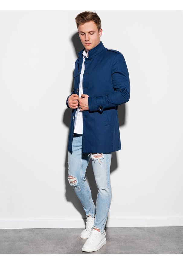 Niebieski płaszcz Ombre Clothing na wiosnę, ze stójką, elegancki