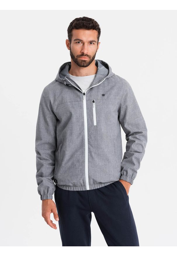 Ombre Clothing - Lekka sportowa męska kurtka z polarową podszewką – szara V3 OM-JANP-0136 - XXL. Typ kołnierza: kołnierzyk stójkowy. Kolor: szary. Materiał: polar. Wzór: melanż, aplikacja, ze splotem, nadruk. Styl: sportowy