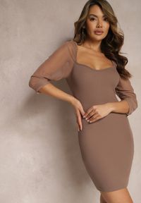 Renee - Brązowa Mini Sukienka o Dopasowanym Kroju z Bawełny Hemirra. Kolor: brązowy. Materiał: bawełna. Typ sukienki: dopasowane. Długość: mini #3