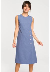 BeWear - Lniana sukienka trapezowa na lato bez rękawów czarna. Okazja: na co dzień, do pracy. Kolor: czarny. Materiał: len. Długość rękawa: bez rękawów. Sezon: lato. Typ sukienki: trapezowe. Styl: casual #3