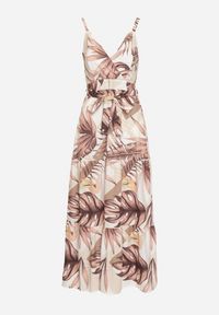 Born2be - Beżowa Sukienka na Ramiączkach z Kopertowym Dekoltem i Motywem Florystycznym Obilena. Okazja: na co dzień. Kolor: beżowy. Materiał: tkanina. Długość rękawa: na ramiączkach. Wzór: kwiaty. Sezon: lato. Typ sukienki: kopertowe. Styl: casual, elegancki #4