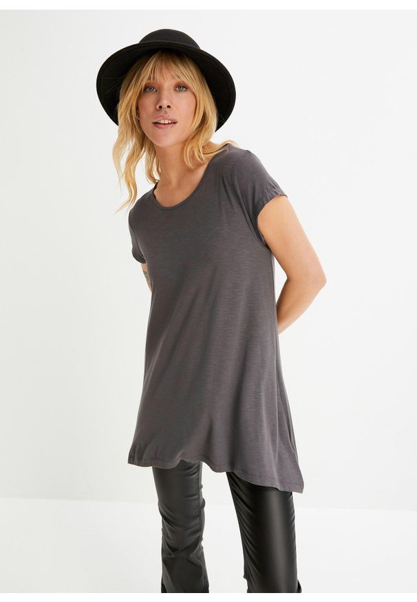 bonprix - Koszulka o asymetrycznej długości. Kolor: szary. Długość rękawa: krótki rękaw. Długość: krótkie, długie