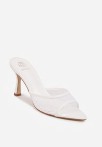 Renee - Białe Siateczkowe Klapki na Szpilce Cirinome. Nosek buta: otwarty. Kolor: biały. Materiał: skóra, materiał. Sezon: lato. Obcas: na szpilce. Wysokość obcasa: średni #7