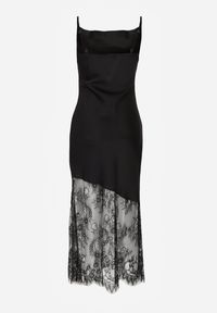 Born2be - Czarna Koktajlowa Sukienka z Satyny Ozdobiona Koronką Palinca. Okazja: na co dzień, na imprezę. Kolor: czarny. Materiał: satyna, koronka. Długość rękawa: na ramiączkach. Wzór: aplikacja, koronka. Styl: wizytowy #5