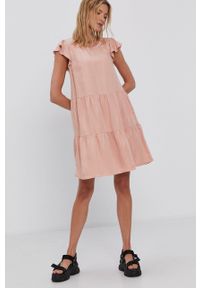 Vila Sukienka kolor różowy mini rozkloszowana. Kolor: różowy. Materiał: tkanina, jedwab, materiał, lyocell. Długość rękawa: krótki rękaw. Wzór: gładki. Typ sukienki: rozkloszowane. Długość: mini #4