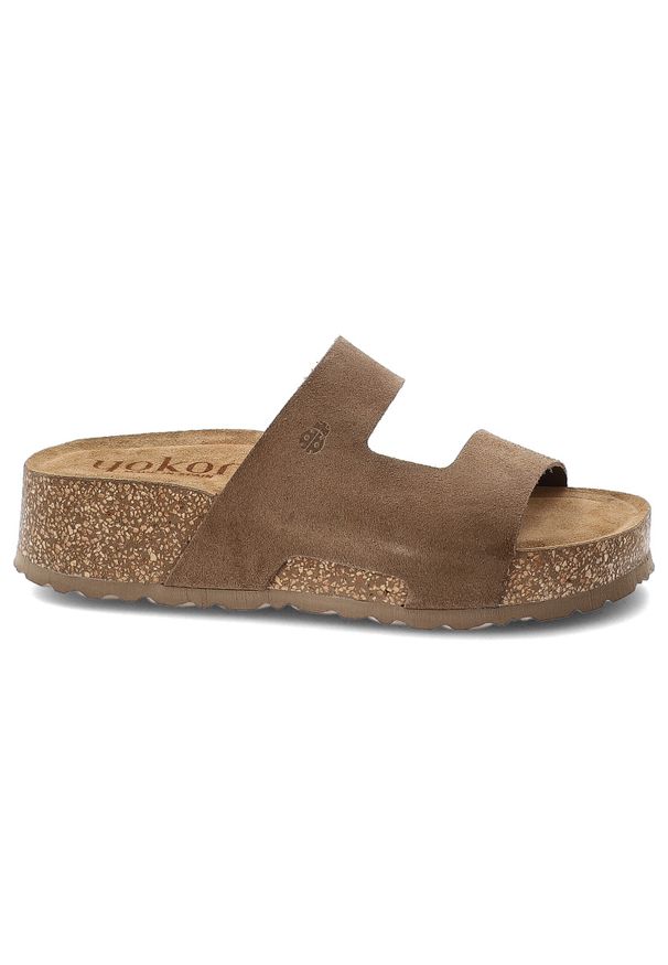 Klapki damskie Yokono, cholewka ze skóry naturalnej odkryty fason szeroki pasek stabilna platforma, brązowe, Wiwi-260 Ser Lodo. Kolor: brązowy. Materiał: skóra. Obcas: na platformie