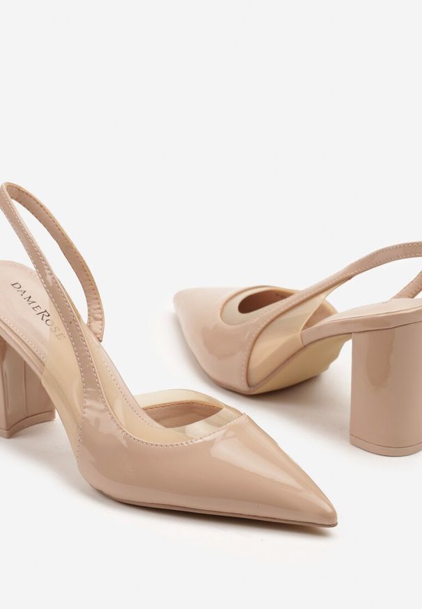 Renee - Beżowe Sandały Lakierowane na Słupku typu Slingback Dralzedi. Okazja: na co dzień. Zapięcie: sprzączka. Kolor: beżowy. Materiał: lakier. Obcas: na słupku. Styl: klasyczny, elegancki, casual