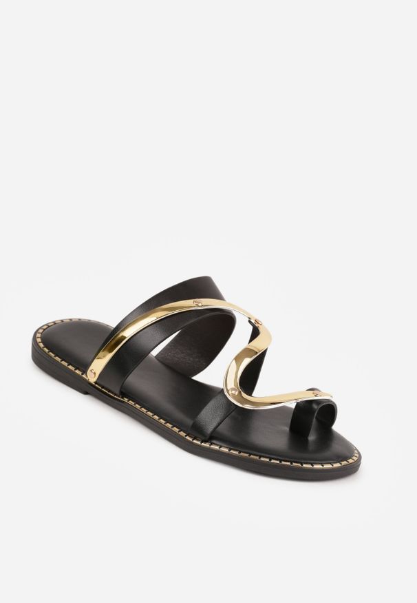 Born2be - Czarne Klapki Japonki z Paskiem na Palec i Metaliczną Ozdobą Qhesith. Okazja: na co dzień. Kolor: czarny. Materiał: jeans, len. Wzór: aplikacja. Sezon: lato. Styl: casual, elegancki