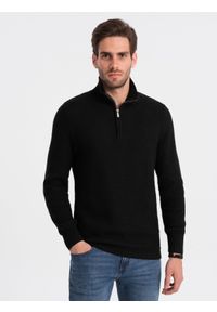 Ombre Clothing - Dzianinowy sweter męski z rozpinaną stójką - czarny V3. Typ kołnierza: kołnierzyk stójkowy. Kolor: czarny. Materiał: dzianina
