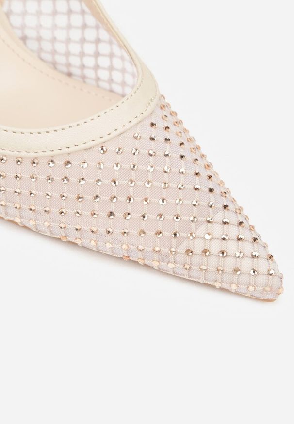 Born2be - Beżowe Sandały na Szpilce Bez Pięty Ozdobione Siateczką i Cyrkoniami Nemelana. Zapięcie: sprzączka. Kolor: beżowy. Materiał: jeans. Wzór: aplikacja. Sezon: lato. Obcas: na szpilce