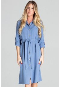 Figl - Koszulowa sukienka szmizjerka z podpinanym rękawem 3/4 niebieska. Okazja: do pracy, na imprezę, na uczelnię. Kolor: niebieski. Typ sukienki: szmizjerki, koszulowe #1